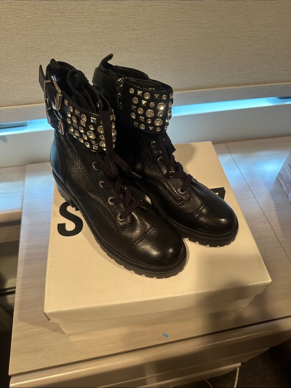 SCHUTZ Black Studded Lace-Up Combat Boots